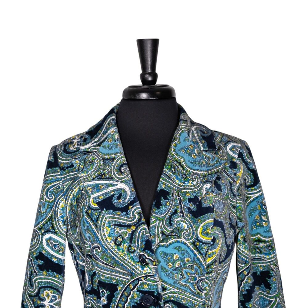 Talbots Womens Blazer 8P Petite Blue Green Paisley Velvet Stretch Lined Jacket - Picture 6 of 10